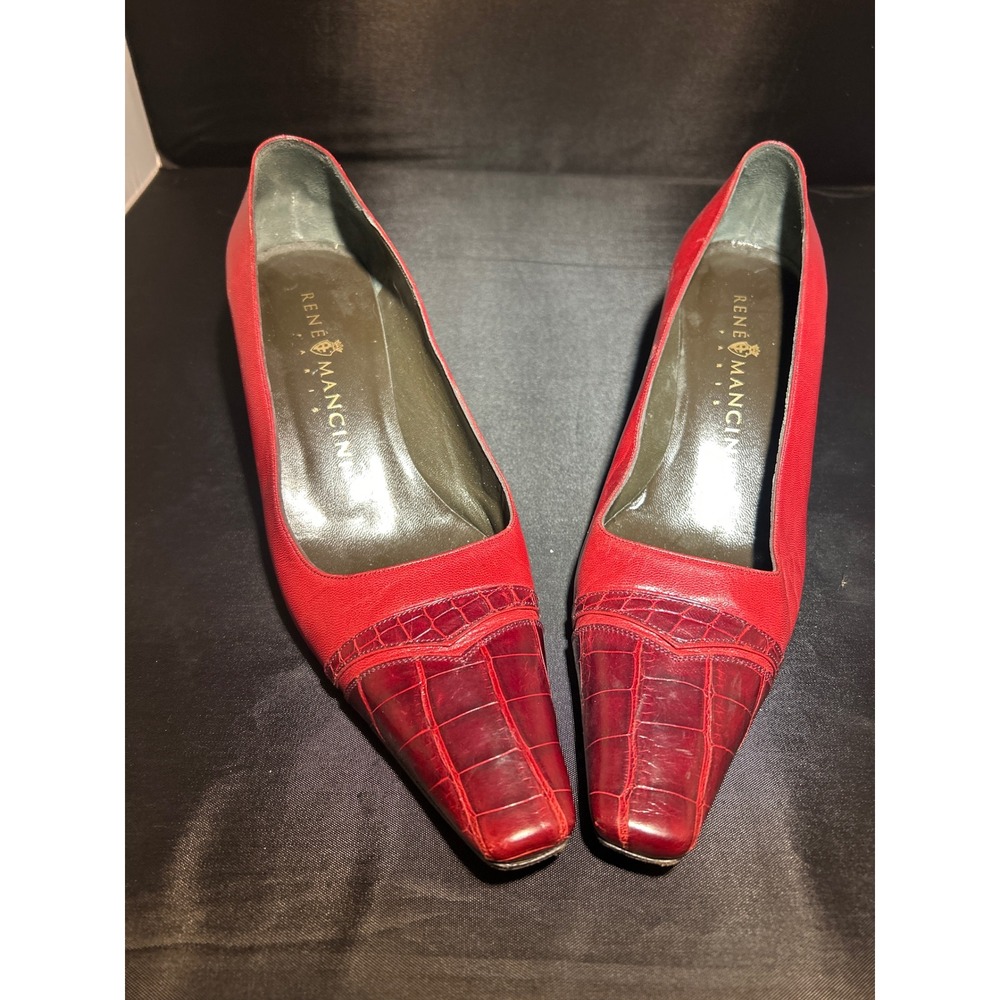 Rene Mancini Paris Red Leather Croc Embossed Pointed Toe Kitten Heels Italy 39.5
